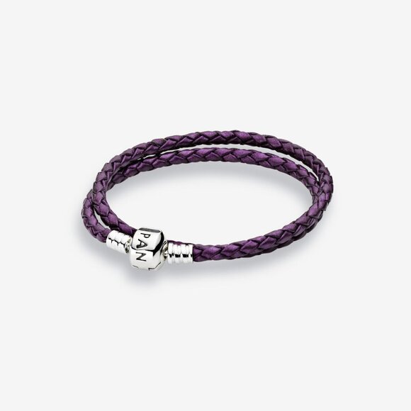 Pandora Purple Braided Double Leather and Sterling Charm Bracelet 590705CPE-D - Picture 1 of 5